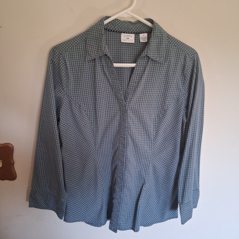 Riders by Lee Womens M Blue Green Plaid Easy Care Button Front Blouse Stretch